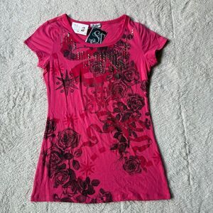NWT Southpole Hot Pink Rhinestone Rose Tee – Y2K Glam Studded Graphic Top